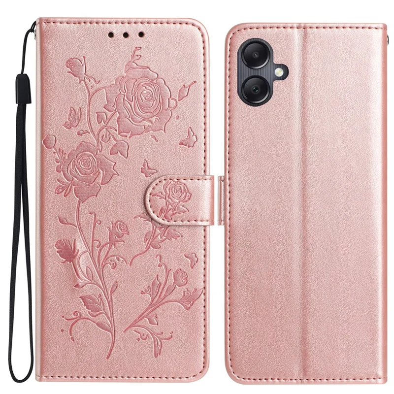 For Samsung Galaxy A06 4G Wallet Case Rose Pattern Imprinted Leather Flip Stand Phone Cover - Rose Gold