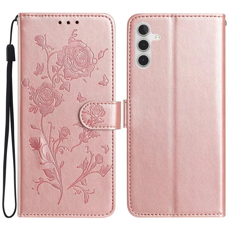 Per Samsung Galaxy A25 5G (Globale) (161,0 x 76,5 x 8,3 mm) Cover a Portafoglio con Motivo a Rosa Stampato in Pelle con Supporto - Oro Rosa