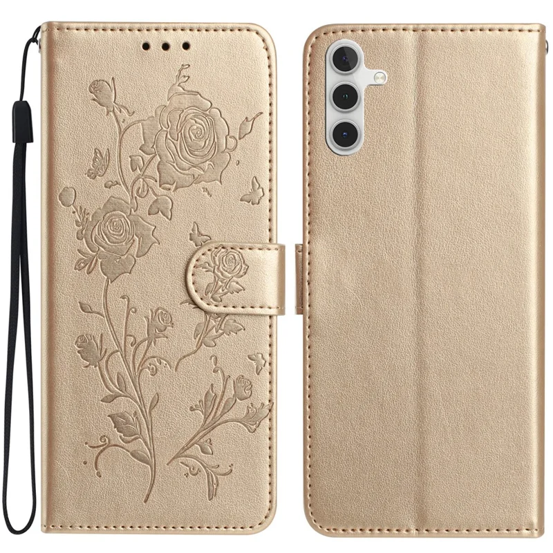 For Samsung Galaxy A56 5G Wallet Case Rose Pattern Imprinted Leather Flip Stand Phone Cover - Gold