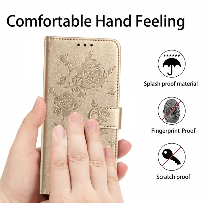 For Samsung Galaxy A56 5G Wallet Case Rose Pattern Imprinted Leather Flip Stand Phone Cover - Gold