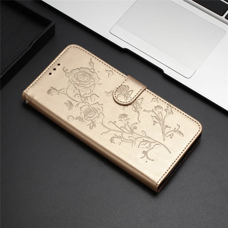 For Samsung Galaxy A56 5G Wallet Case Rose Pattern Imprinted Leather Flip Stand Phone Cover - Gold