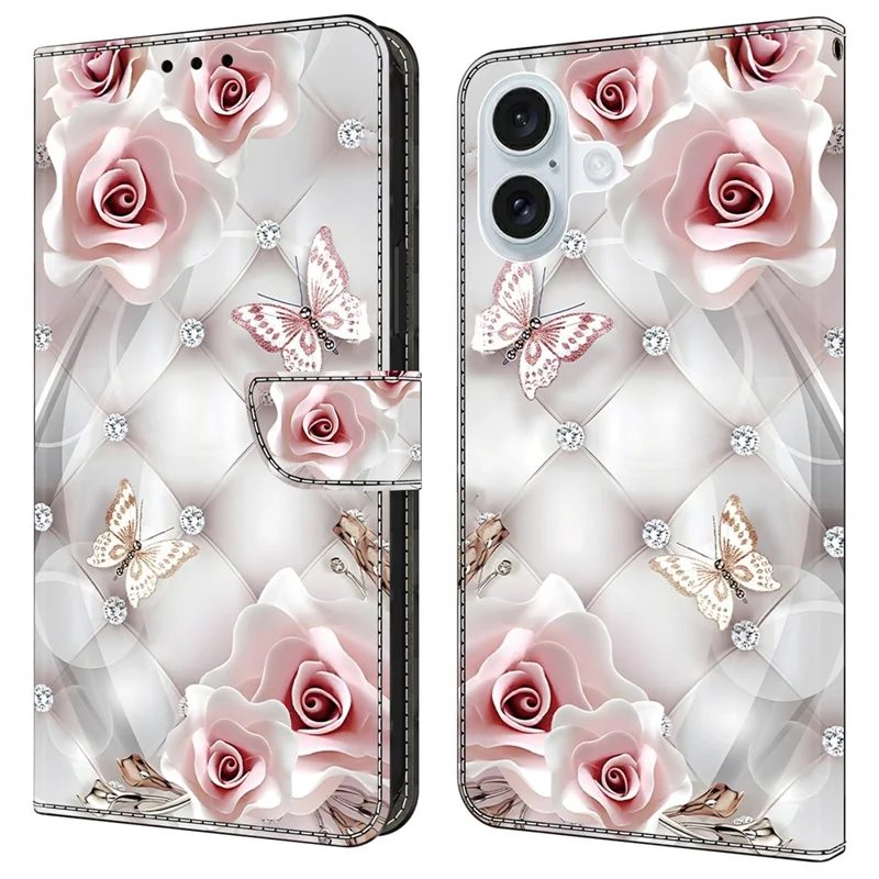 For iPhone 16 Leather Case Pattern Printing Wallet Stand Anti Drop Phone Cover - Pink Butterfly