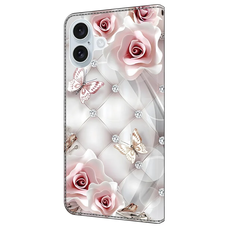 For iPhone 16 Leather Case Pattern Printing Wallet Stand Anti Drop Phone Cover - Pink Butterfly