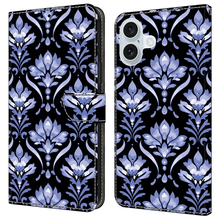 Чехол из кожи для iPhone 16 Plus с цветочным узором, подставкой и защитой от падения