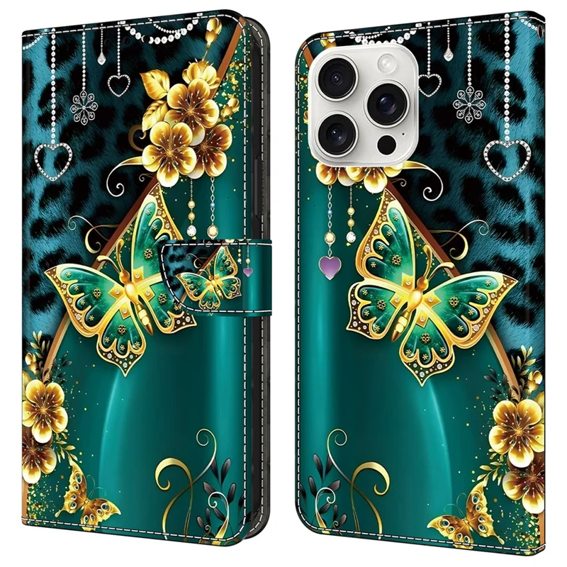For iPhone 16 Pro Leather Case Pattern Printing Wallet Stand Anti Drop Phone Cover - Golden Flower Butterfly