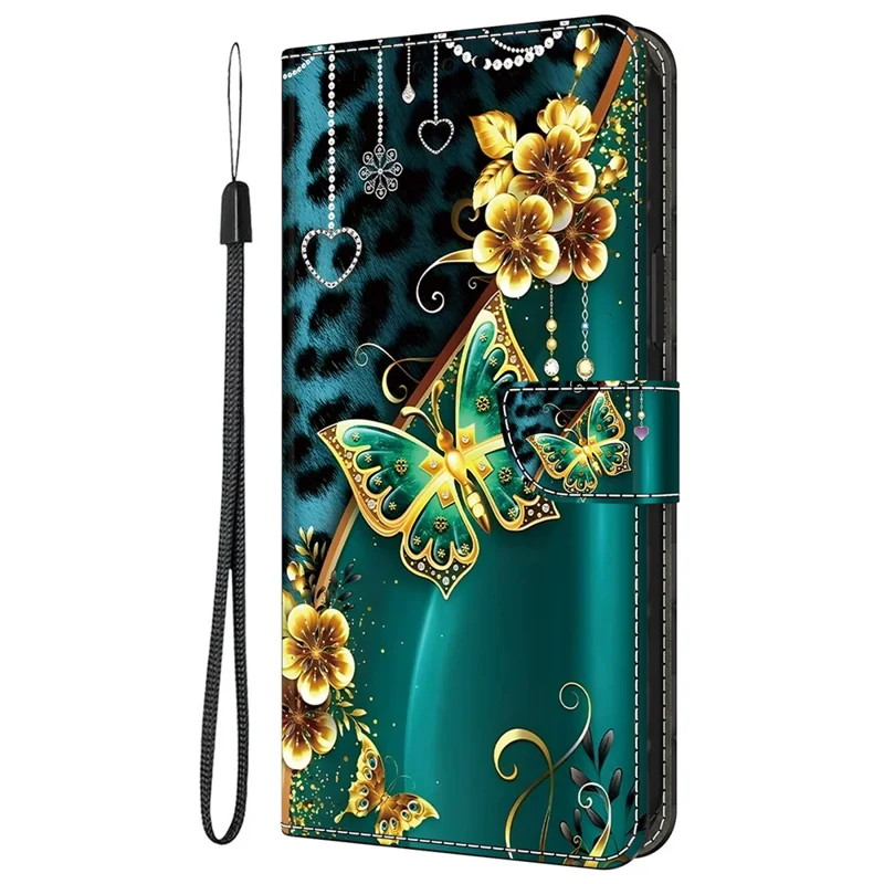 For iPhone 16 Pro Leather Case Pattern Printing Wallet Stand Anti Drop Phone Cover - Golden Flower Butterfly