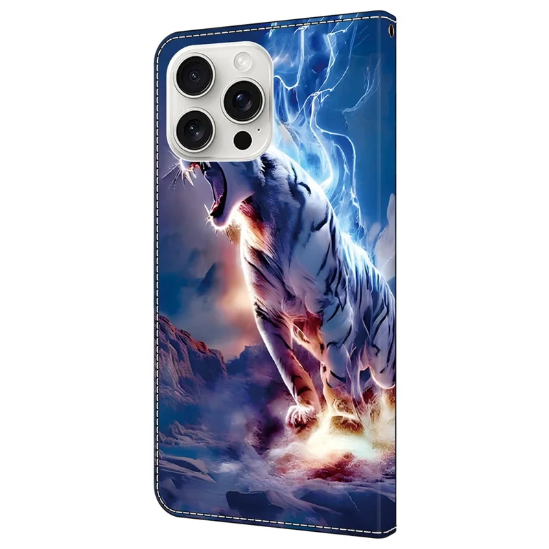 For iPhone 16 Pro Max Leather Case Pattern Printing Wallet Stand Anti Drop Phone Cover - Thunder Tiger