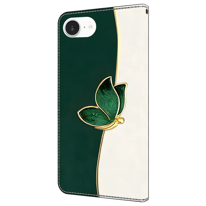 For iPhone 16e Leather Case Pattern Printing Wallet Stand Anti Drop Phone Cover - Green Butterfly