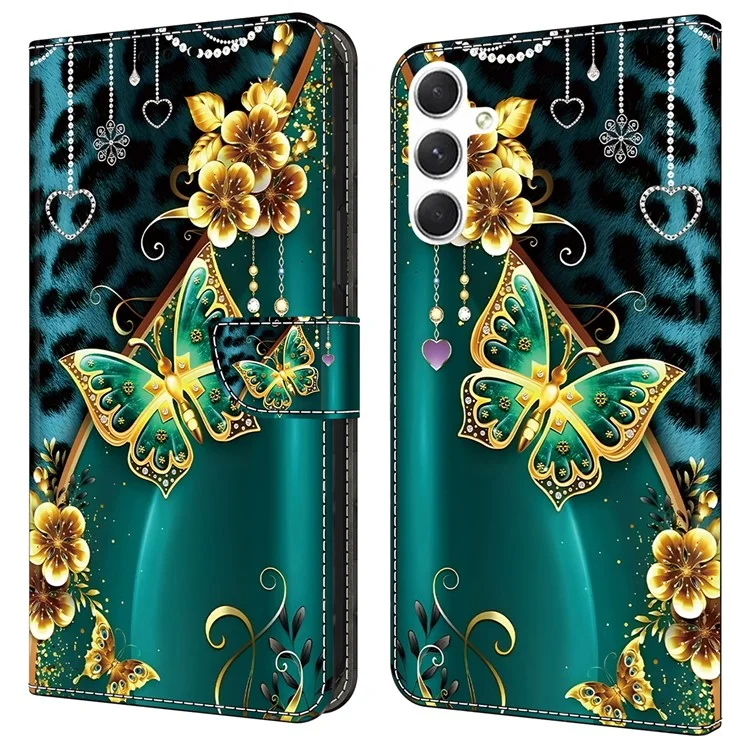 Für Samsung Galaxy S25 / S24 Lederhülle mit Musterprägung, Brieftasche, Ständer, Fallschutz Handyhülle - Goldene Blume Schmetterling