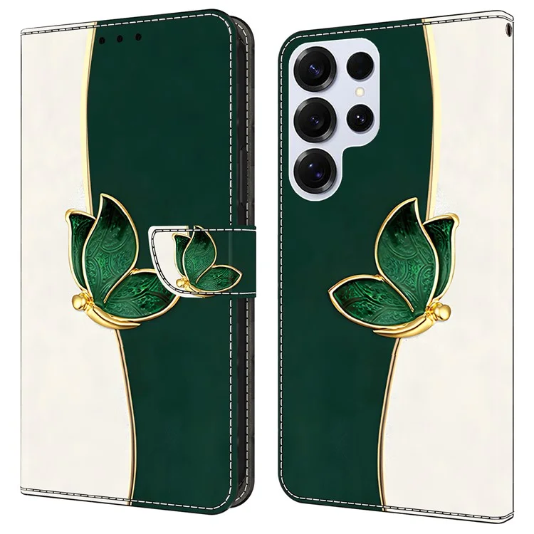 Für Samsung Galaxy S24 Ultra Lederhülle mit Schmetterlingsmuster, Brieftaschenfunktion, Ständer und Fallschutz - Grüner Schmetterling