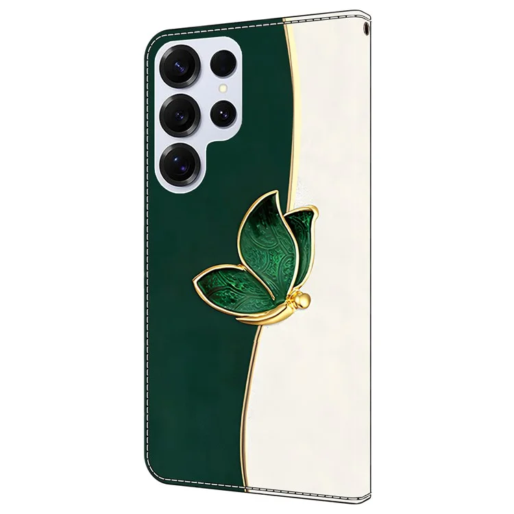 Für Samsung Galaxy S24 Ultra Lederhülle mit Schmetterlingsmuster, Brieftaschenfunktion, Ständer und Fallschutz - Grüner Schmetterling