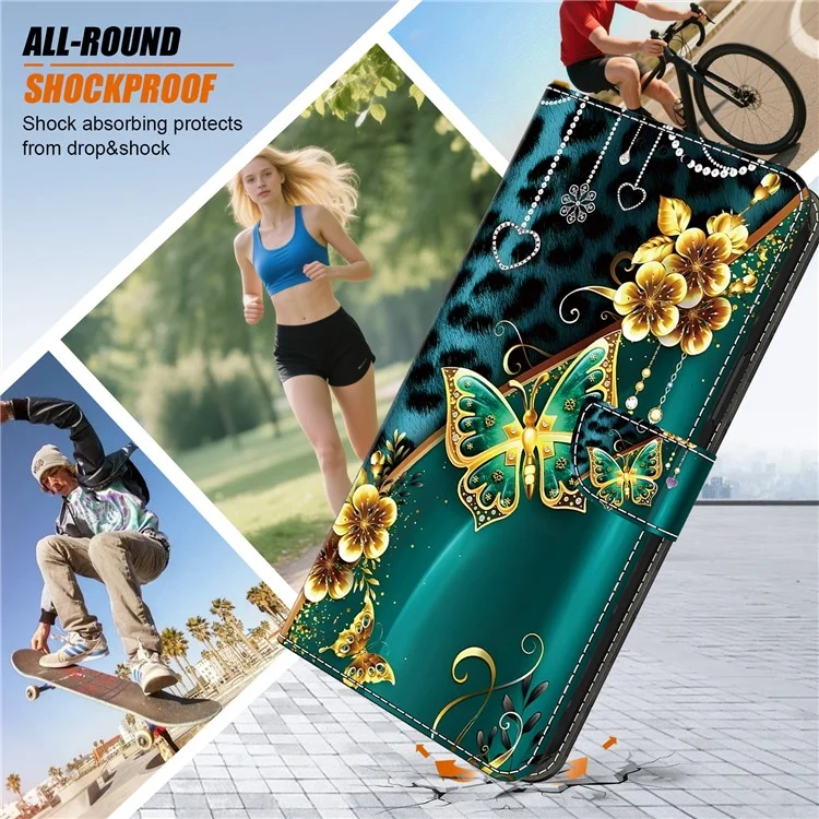 For Google Pixel 9 Pro  /  Pixel 9 Leather Case Pattern Printing Wallet Stand Anti Drop Phone Cover - Golden Flower Butterfly
