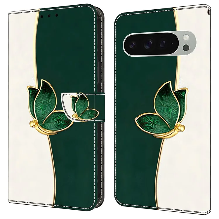 For Google Pixel 9 Pro XL Leather Case Pattern Printing Wallet Stand Anti Drop Phone Cover - Green Butterfly