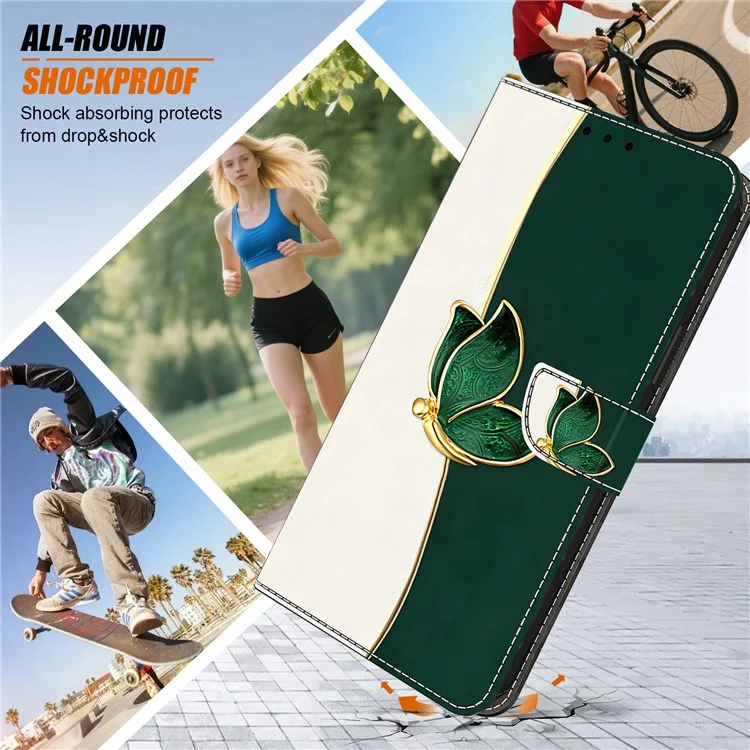 For Google Pixel 9 Pro XL Leather Case Pattern Printing Wallet Stand Anti Drop Phone Cover - Green Butterfly