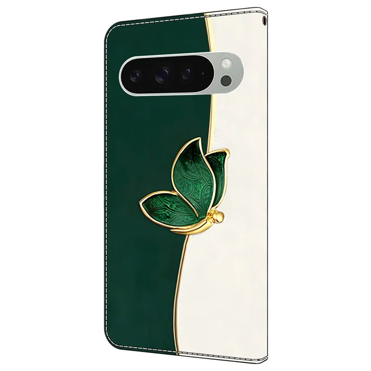 For Google Pixel 9 Pro XL Leather Case Pattern Printing Wallet Stand Anti Drop Phone Cover - Green Butterfly