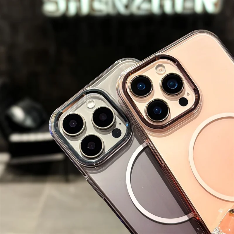 For iPhone 15 Pro Max Magnetic Case Gradient Color Hard PC Phone Back Cover - Pink
