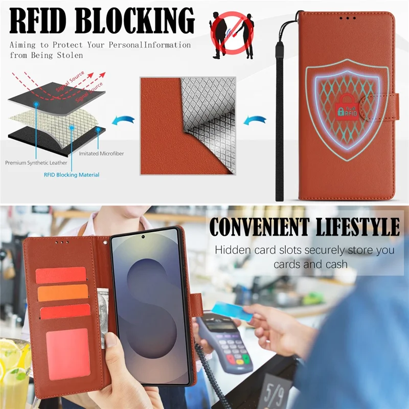 For Samsung Galaxy S25 Ultra Case RFID Blocking Flip Leather Phone Cover with Wrist Strap - Orange