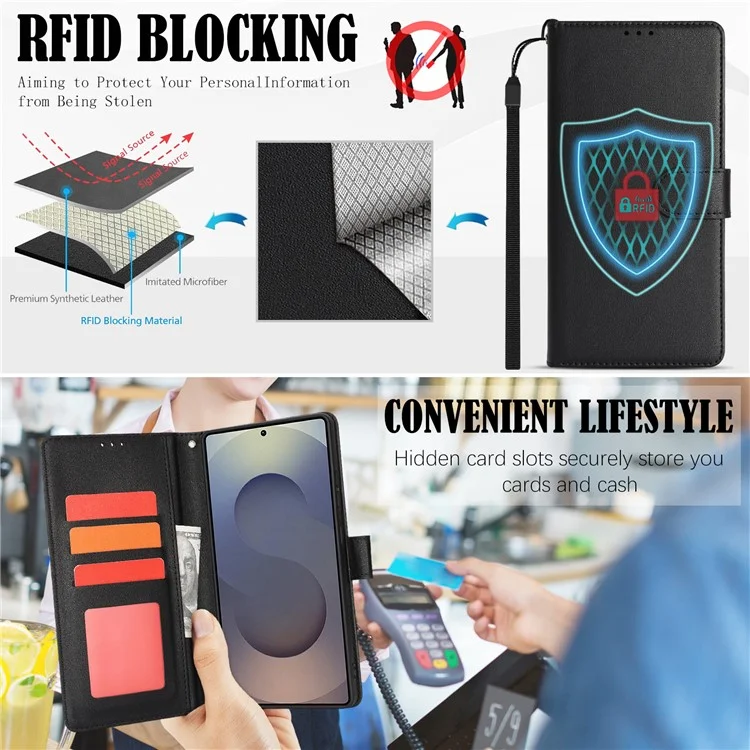 For Samsung Galaxy S24 Ultra Case RFID Blocking Flip Leather Phone Cover with Wrist Strap - Black