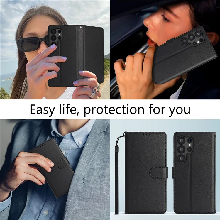 For Samsung Galaxy S24 Ultra Case RFID Blocking Flip Leather Phone Cover with Wrist Strap - Black