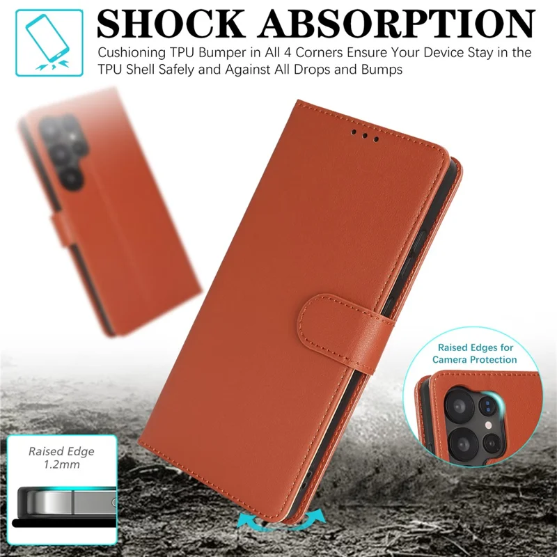 For Samsung Galaxy S23 Ultra / S22 Ultra 5G Case RFID Blocking Flip Leather Phone Cover with Wrist Strap - Orange
