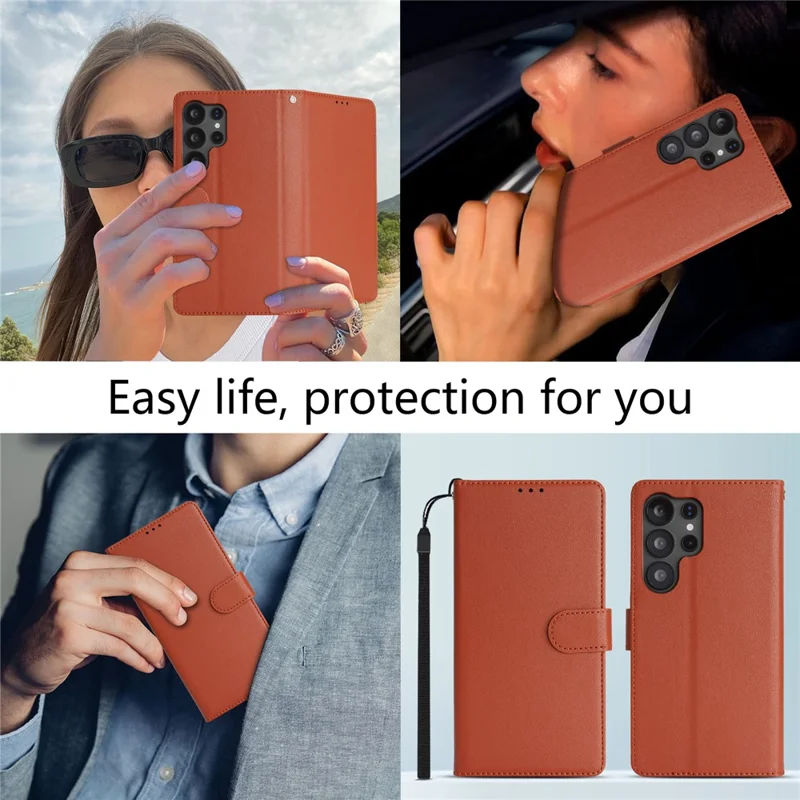 For Samsung Galaxy S23 Ultra / S22 Ultra 5G Case RFID Blocking Flip Leather Phone Cover with Wrist Strap - Orange