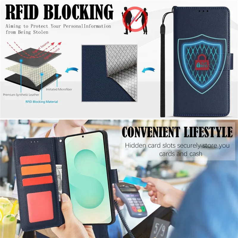 For Samsung Galaxy A26 5G Case RFID Blocking Flip Leather Phone Cover with Wrist Strap - Blue