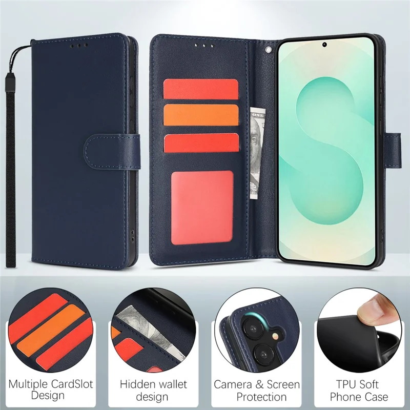 For Samsung Galaxy A26 5G Case RFID Blocking Flip Leather Phone Cover with Wrist Strap - Blue