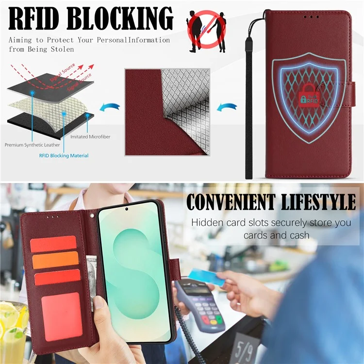 Étui en cuir à rabat pour Samsung Galaxy A26 5G avec blocage RFID et dragonne - Rouge