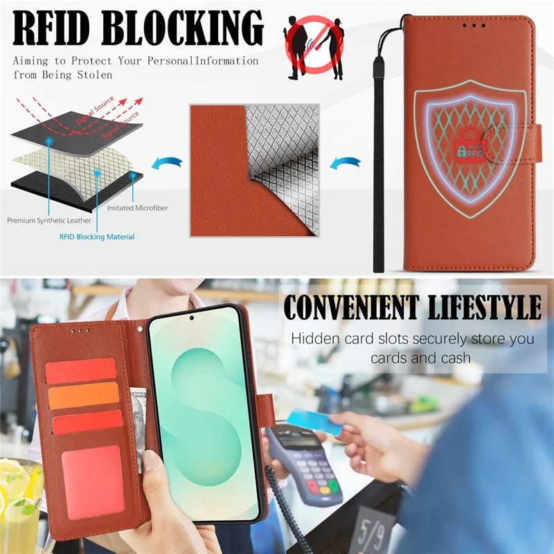 For Samsung Galaxy A35 5G Case RFID Blocking Flip Leather Phone Cover with Wrist Strap - Orange