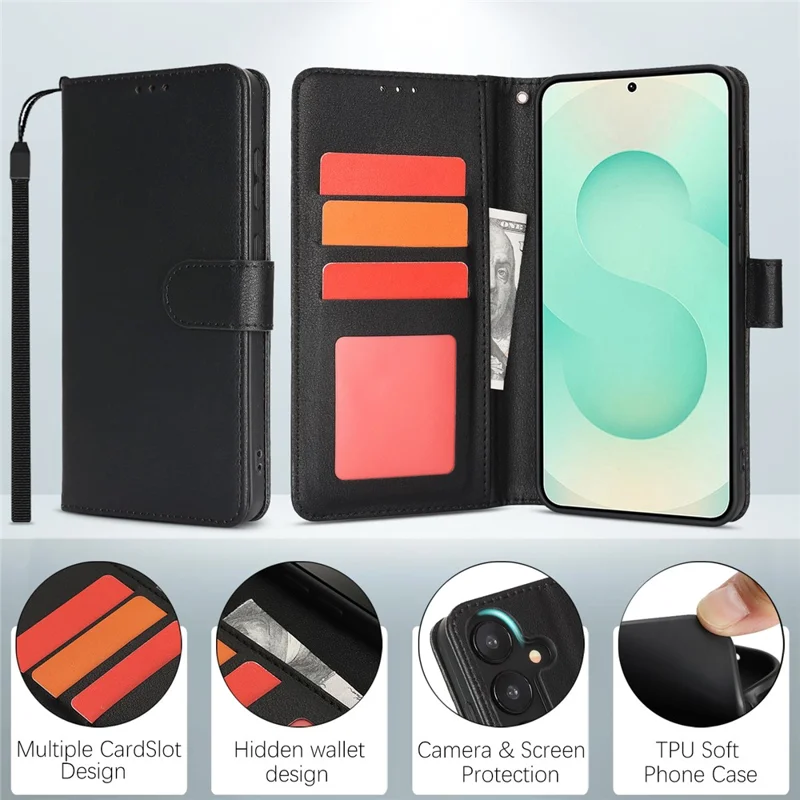 For Samsung Galaxy A55 5G Case RFID Blocking Flip Leather Phone Cover with Wrist Strap - Black