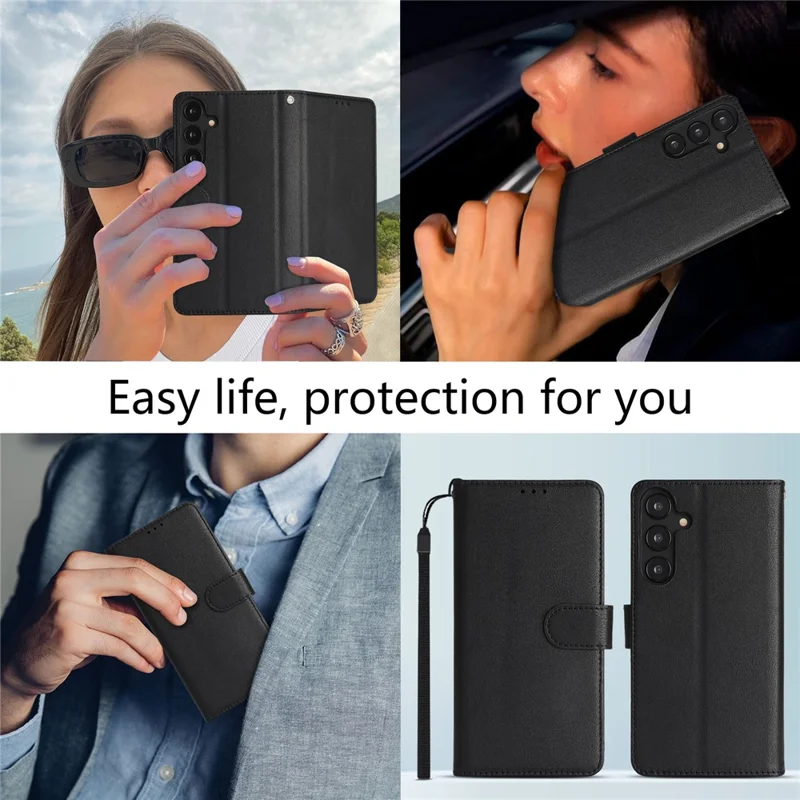 For Samsung Galaxy A55 5G Case RFID Blocking Flip Leather Phone Cover with Wrist Strap - Black