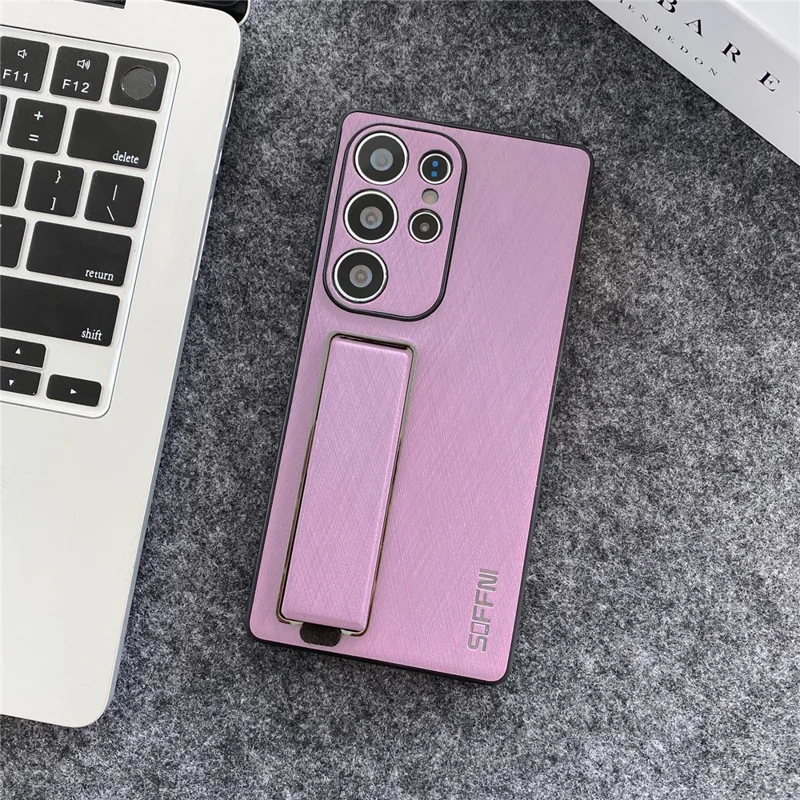 SOFFNI For Samsung Galaxy S24 Ultra Case Wrist Strap Kickstand Brushed Leather Back Cover - Purple