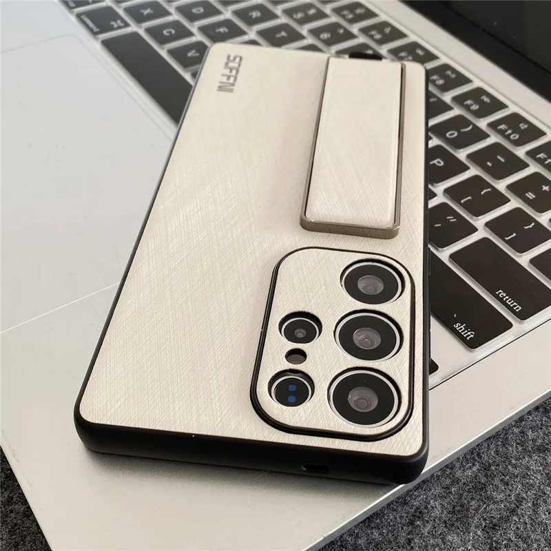 SOFFNI For Samsung Galaxy S24 Ultra Case Wrist Strap Kickstand Brushed Leather Back Cover - Purple