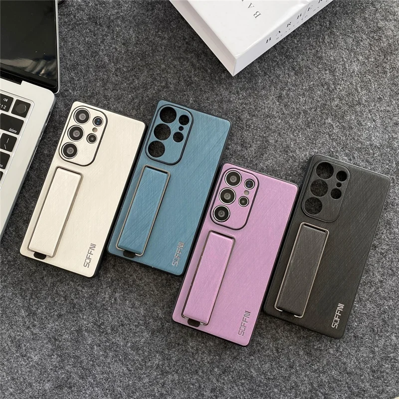 SOFFNI For Samsung Galaxy S24 Ultra Case Wrist Strap Kickstand Brushed Leather Back Cover - Purple