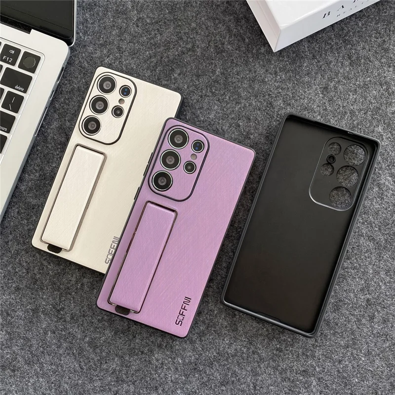 SOFFNI For Samsung Galaxy S24 Ultra Case Wrist Strap Kickstand Brushed Leather Back Cover - Purple