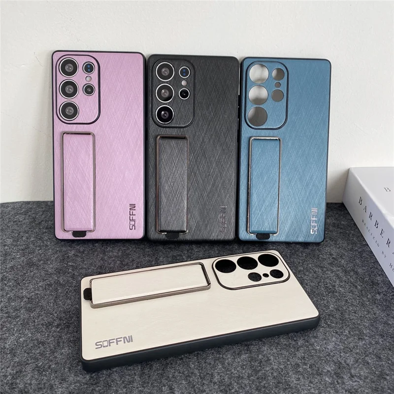 SOFFNI For Samsung Galaxy S24 Ultra Case Wrist Strap Kickstand Brushed Leather Back Cover - Purple