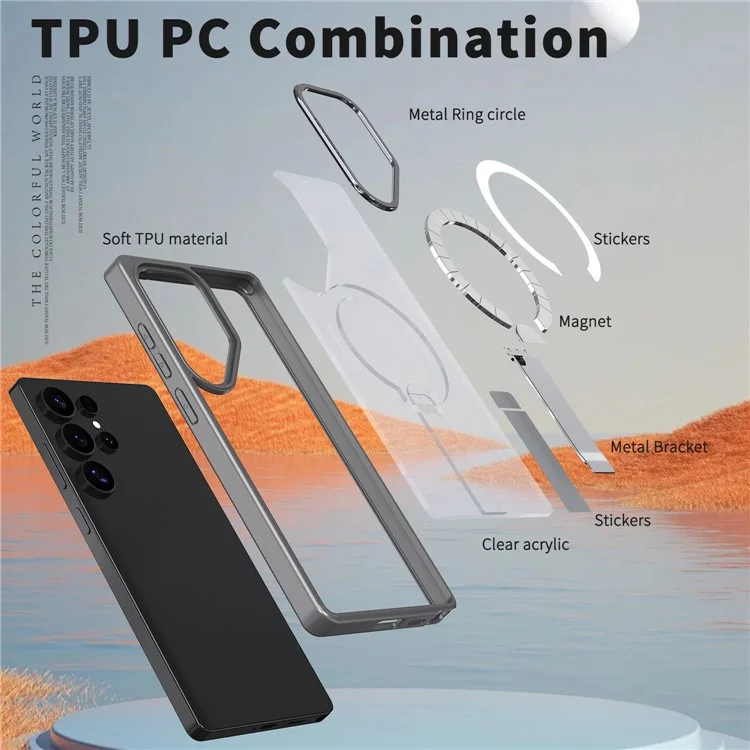 Чехол для Samsung Galaxy S24 Ultra, совместимый с MagSafe, с подставкой, TPU + акриловая накладка - Титановый серый
