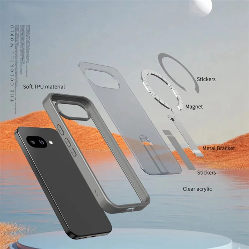 For Google Pixel 9a Magnetic Case Kickstand TPU + Acrylic Phone Cover - Black