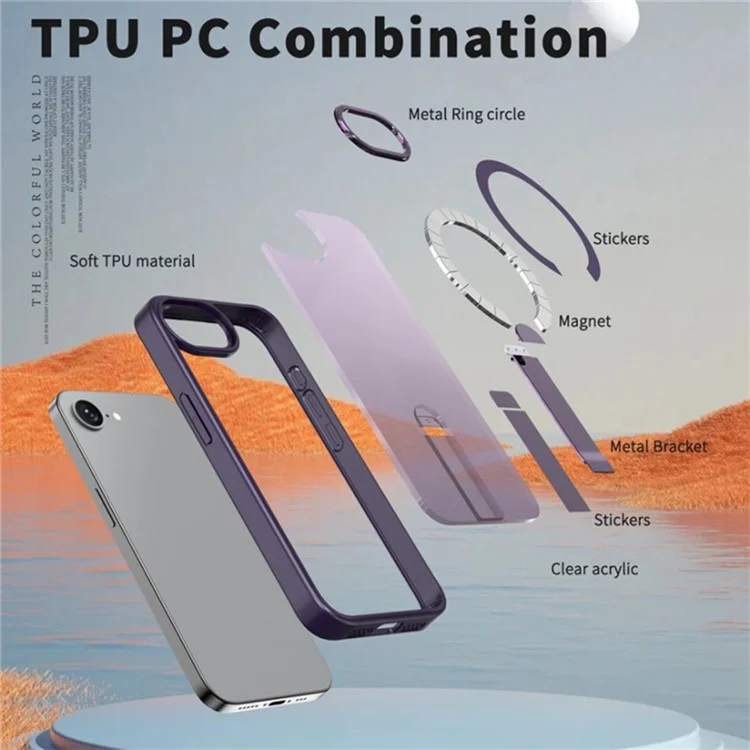 Funda para iPhone 16e Compatible con MagSafe con Soporte Plegable de TPU + Cubierta de Teléfono de Acrílico - Morado Oscuro