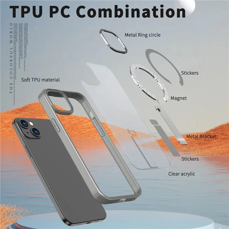 For iPhone 15 Plus Case Compatible with MagSafe Kickstand TPU + Acrylic Phone Cover - Titanium Grey