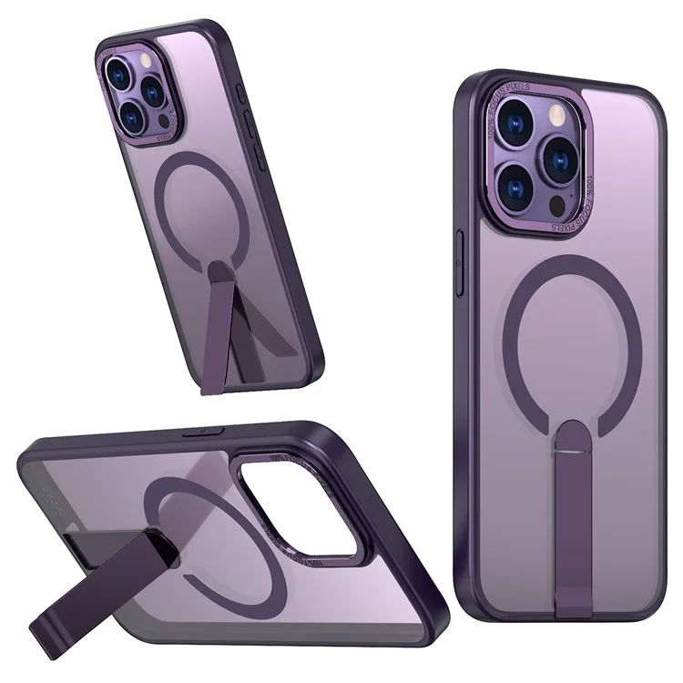 Funda para iPhone 15 Pro Compatible con MagSafe con Soporte Plegable de TPU + Cubierta de Teléfono de Acrílico - Morado Oscuro