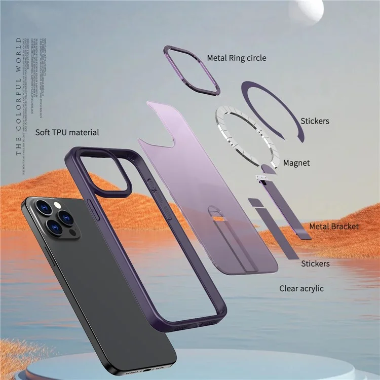 Funda para iPhone 15 Pro Compatible con MagSafe con Soporte Plegable de TPU + Cubierta de Teléfono de Acrílico - Morado Oscuro