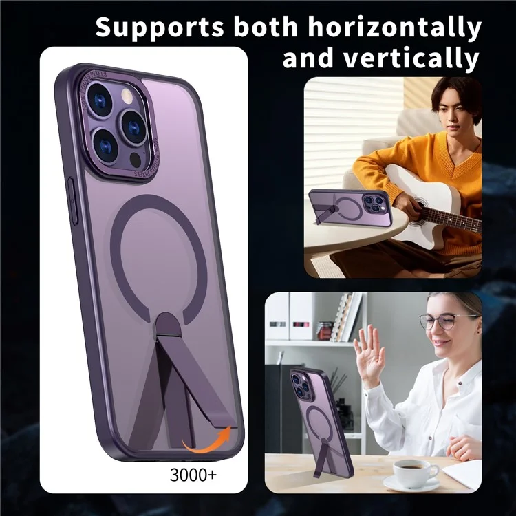 Funda para iPhone 15 Pro Compatible con MagSafe con Soporte Plegable de TPU + Cubierta de Teléfono de Acrílico - Morado Oscuro