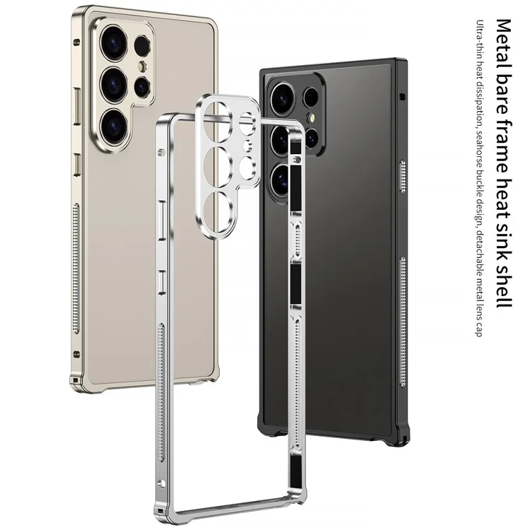 For Samsung Galaxy S23 Ultra Bumper Cases Metal Frame Heat Dissipation Cover with Camera Lens Protector - Black