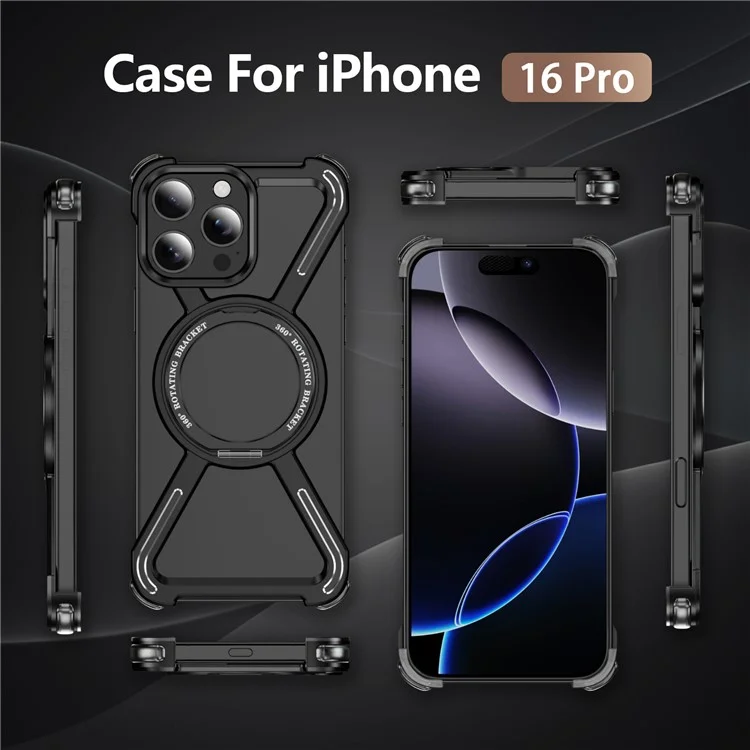 Custodie Bumper per iPhone 16 Pro Cornice Metallica Senza Bordi Compatibile con MagSafe con Supporto - Nero