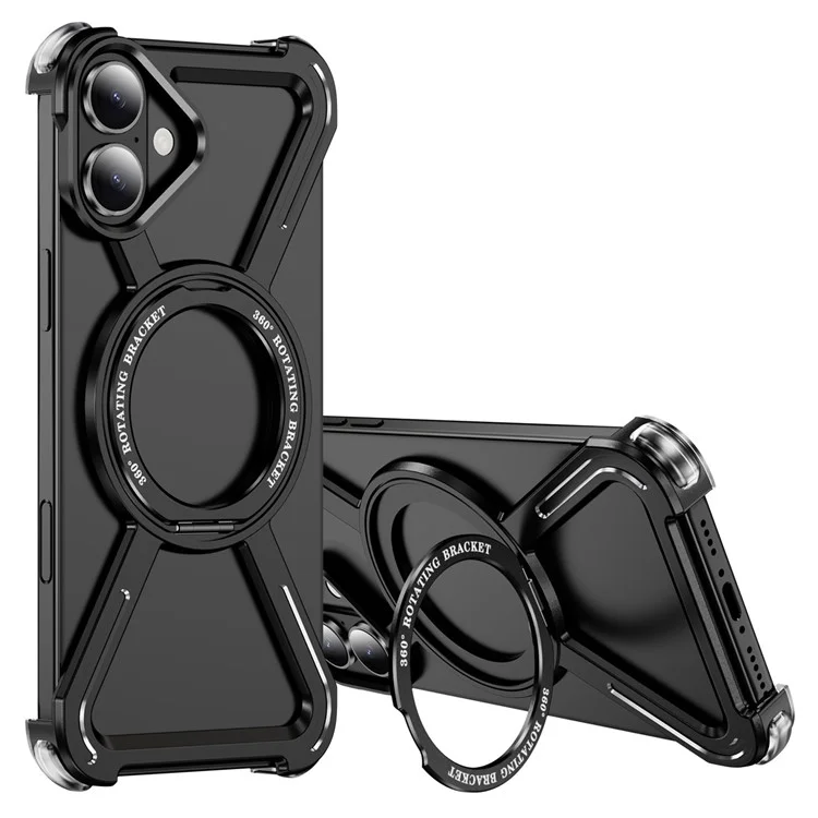 Чехол-бампер для iPhone 16 с металлической рамкой без границ, совместимый с MagSafe и подставкой - черный