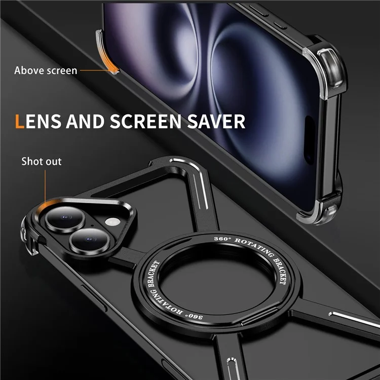 For iPhone 16 Plus Bumper Cases Borderless Metal Frame Cover Compatible with MagSafe Kickstand - Black