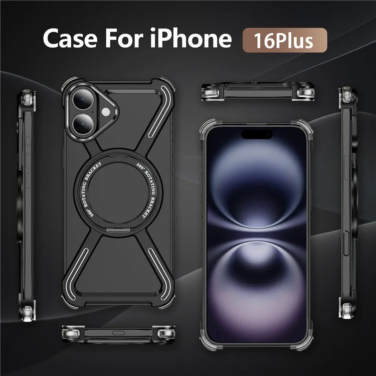 For iPhone 16 Plus Bumper Cases Borderless Metal Frame Cover Compatible with MagSafe Kickstand - Black
