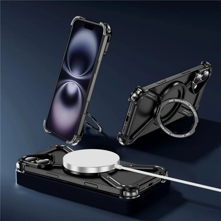 For iPhone 16 Plus Bumper Cases Borderless Metal Frame Cover Compatible with MagSafe Kickstand - Black