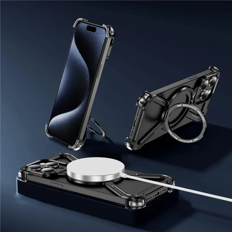 Cover Paraurti per iPhone 15 Pro Max Senza Bordi con Cornice Metallica Compatibile con MagSafe e Supporto - Nero